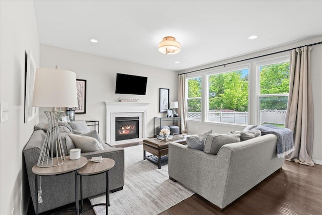 310 Fletcher St, Wixom, MI 48393 - living area featuring wood finished floors, a glass covered fireplace, and recessed lighting