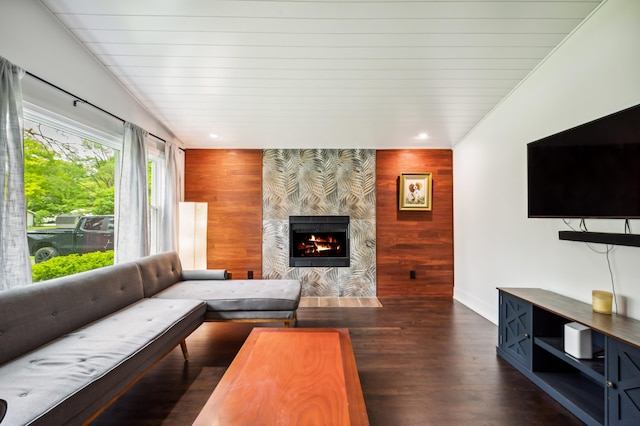6185 N Shore Dr, Coloma, MI 49038 - living area featuring a large fireplace, wooden walls, baseboards, an accent wall, and dark wood finished floors