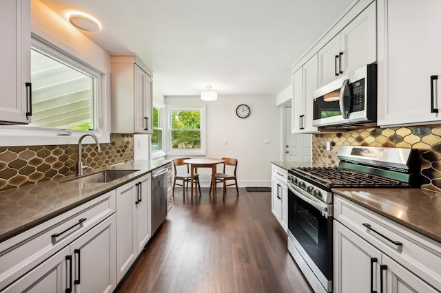 6185 N Shore Dr, Coloma, MI 49038 - kitchen featuring stainless steel appliances, a sink, dark wood-type flooring, and decorative backsplash