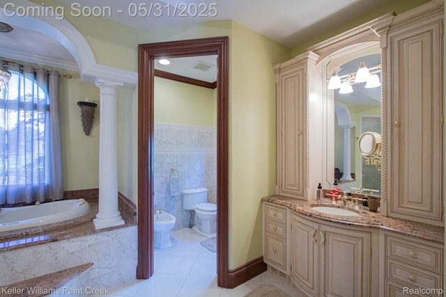 72755 Solanus Dr, Bruce, MI 48065 - full bathroom with decorative columns, a bidet, vanity, a garden tub, and toilet