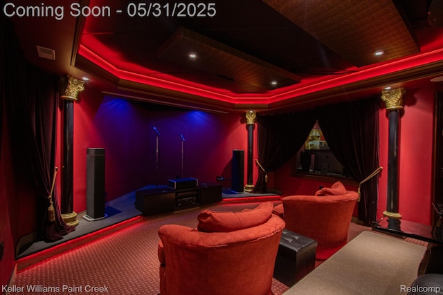 72755 Solanus Dr, Bruce, MI 48065 - home theater with a tray ceiling, carpet flooring, and recessed lighting