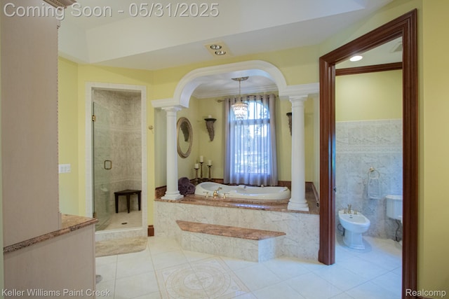 72755 Solanus Dr, Bruce, MI 48065 - bathroom with ornate columns, a bidet, a shower stall, a bath, and tile patterned floors