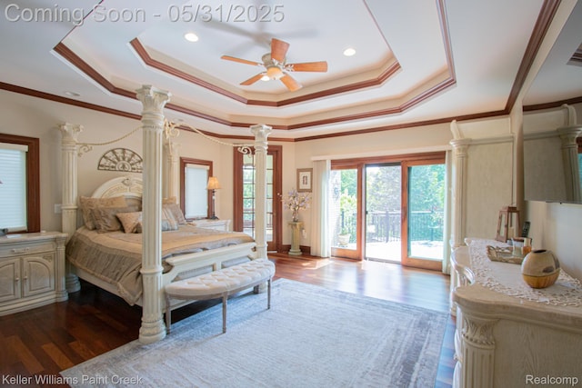 72755 Solanus Dr, Bruce, MI 48065 - bedroom with access to exterior, a raised ceiling, dark wood finished floors, and ornamental molding