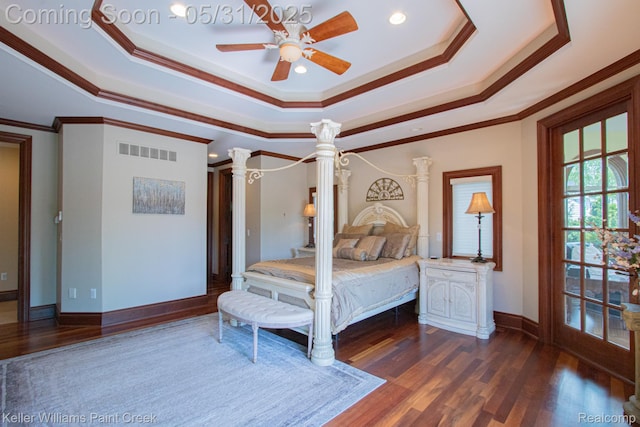 72755 Solanus Dr, Bruce, MI 48065 - bedroom featuring a raised ceiling, ornamental molding, dark wood-style floors, baseboards, and ceiling fan
