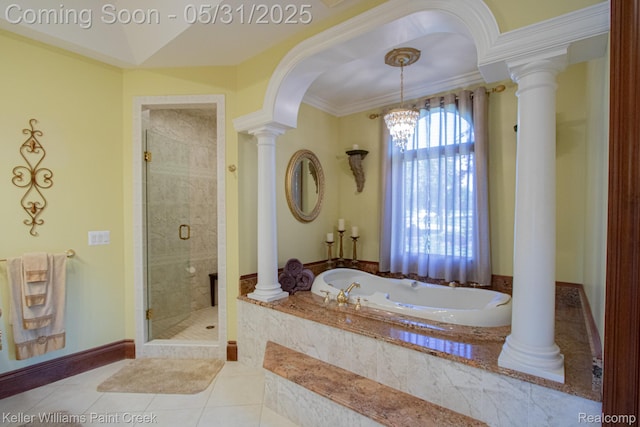 72755 Solanus Dr, Bruce, MI 48065 - full bath with decorative columns, a stall shower, tile patterned floors, a garden tub, and a chandelier