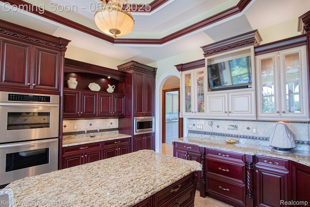 72755 Solanus Dr, Bruce, MI 48065 - kitchen with stainless steel appliances, dark brown cabinets, decorative backsplash, and crown molding