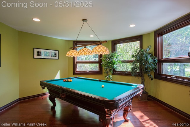 72755 Solanus Dr, Bruce, MI 48065 - recreation room with baseboards, billiards, wood finished floors, and recessed lighting