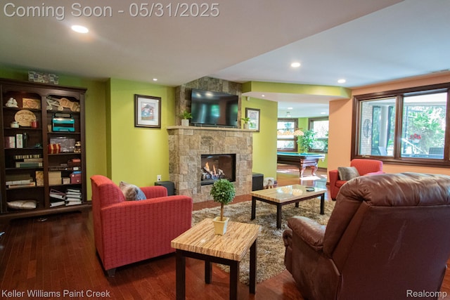 72755 Solanus Dr, Bruce, MI 48065 - living room with wood finished floors, recessed lighting, a fireplace, and pool table