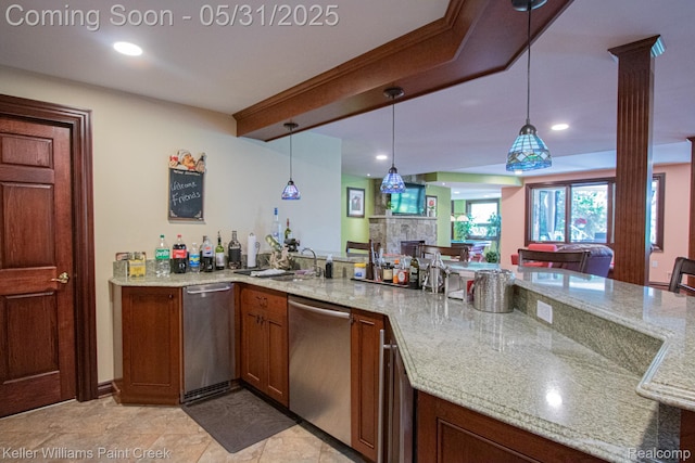 72755 Solanus Dr, Bruce, MI 48065 - indoor bar with dishwasher, decorative light fixtures, recessed lighting, and ornate columns