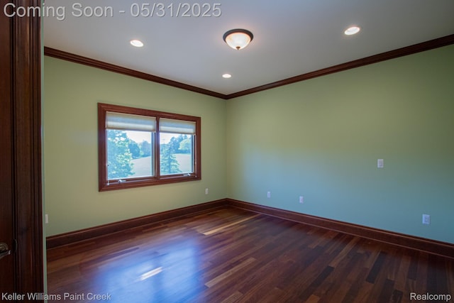 72755 Solanus Dr, Bruce, MI 48065 - unfurnished room featuring crown molding, dark wood-style flooring, baseboards, and recessed lighting