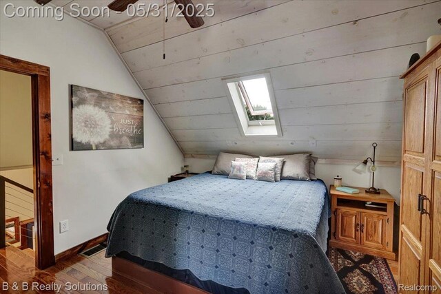 6624 Jefferson Rd, North Branch, MI 48461 - bedroom with a skylight, wood finished floors, lofted ceiling, wood ceiling, and baseboards