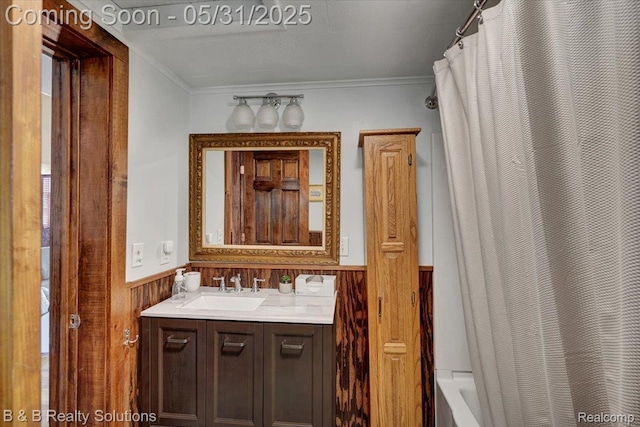 6624 Jefferson Rd, North Branch, MI 48461 - bathroom with vanity, a wainscoted wall, shower / tub combo with curtain, crown molding, and wood walls