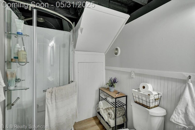 6624 Jefferson Rd, North Branch, MI 48461 - bathroom with a shower stall, a wainscoted wall, toilet, and lofted ceiling