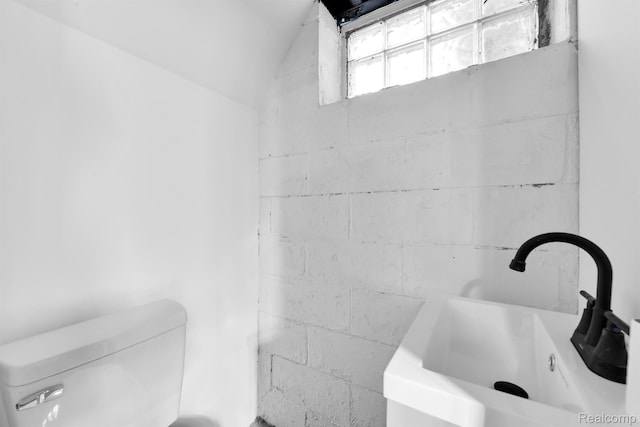 15480 Asbury Park, Detroit, MI 48227 - bathroom featuring a sink, toilet, and concrete block wall