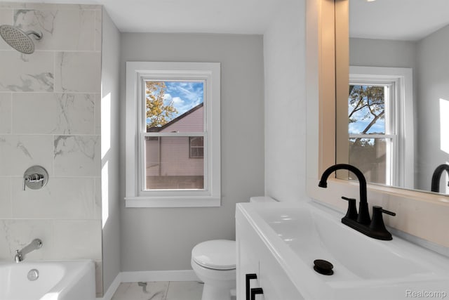 15480 Asbury Park, Detroit, MI 48227 - bathroom featuring marble finish flooring, toilet, vanity, shower / tub combination, and baseboards