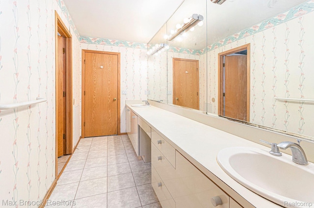 5322 Pond Bluff Dr, West Bloomfield, MI 48323 - bathroom featuring double vanity, wallpapered walls, tile patterned flooring, and a closet