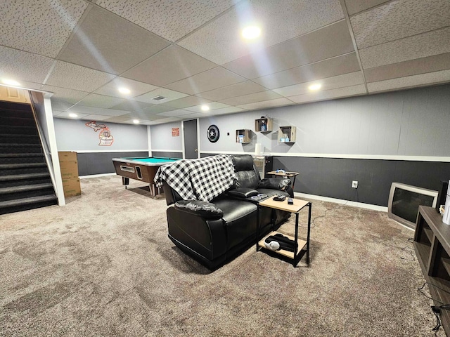 10040 S Reese Rd, Birch Run, MI 48415 - recreation room featuring carpet flooring, a drop ceiling, billiards, recessed lighting, and baseboards