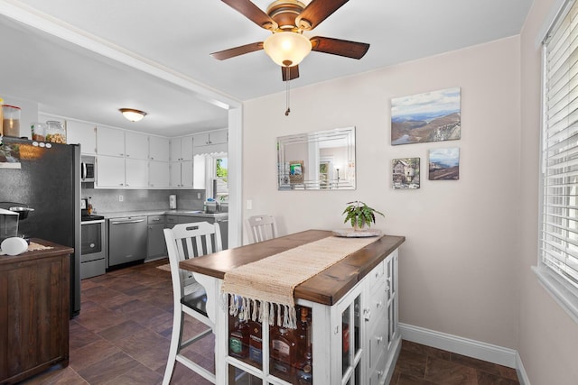 113 Greenleaf St, Onsted, MI 49265 - dining area with ceiling fan, baseboards, and stone finish flooring