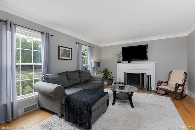 480 Fisher Rd, Grosse Pointe Farms, MI 48230 - living room with ornamental molding, wood finished floors, a fireplace with flush hearth, and baseboards