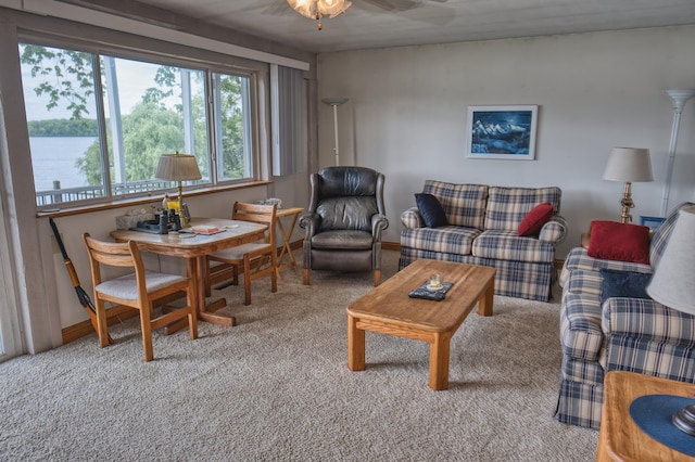 1352 Haughey Dr, Union City, MI 49094 - living area featuring carpet, ceiling fan, a water view, and baseboards