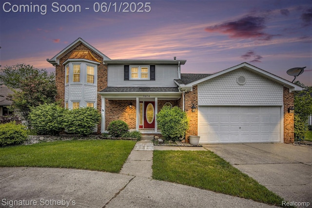 7674 Woodside Pl, Waterford, MI 48327 - traditional-style home with driveway, an attached garage, brick siding, a lawn, and roof with shingles