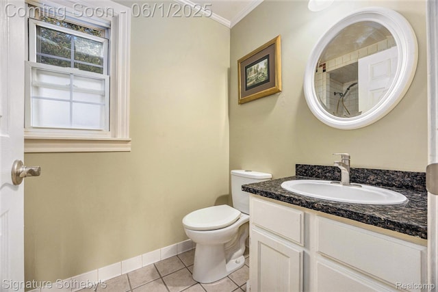 7674 Woodside Pl, Waterford, MI 48327 - bathroom featuring vanity, tile patterned flooring, crown molding, toilet, and baseboards