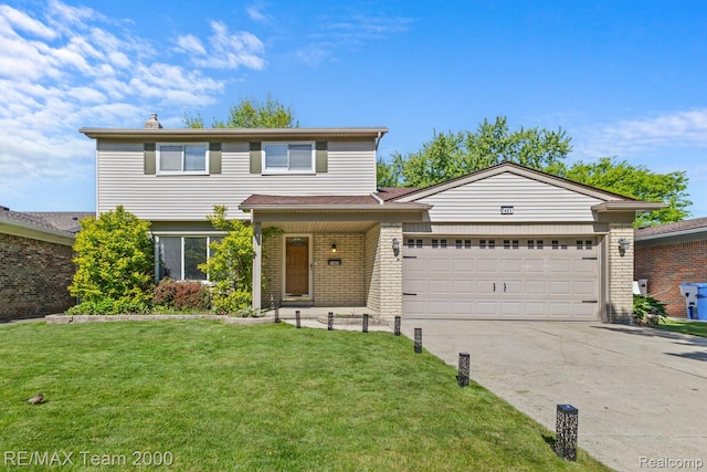 7485 Pointe Dr, Canton, MI 48187 - traditional-style home featuring concrete driveway, an attached garage, a front lawn, brick siding, and a porch