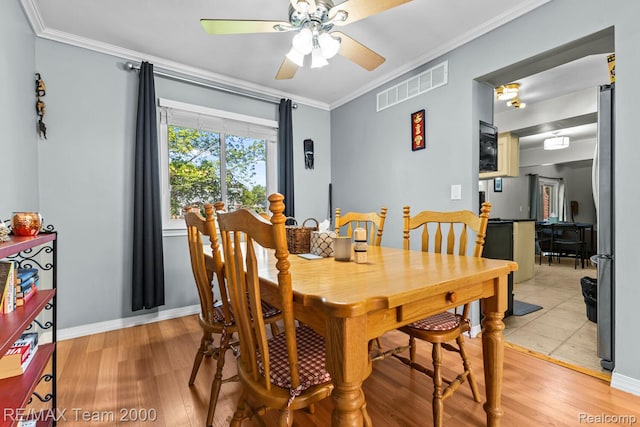 7485 Pointe Dr, Canton, MI 48187 - dining space with ceiling fan, ornamental molding, light wood-style flooring, and baseboards