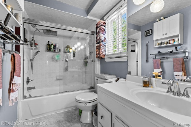 7485 Pointe Dr, Canton, MI 48187 - bathroom with toilet, vanity, combined bath / shower with glass door, and marble finish flooring