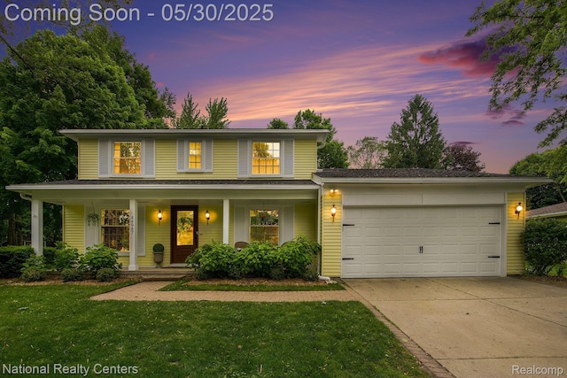 44947 Partridge Dr, Plymouth, MI 48170 - traditional-style home with a garage, driveway, a porch, and a lawn