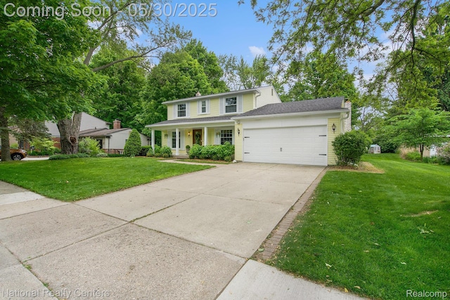 44947 Partridge Dr, Plymouth, MI 48170 - traditional-style house featuring an attached garage, a front yard, driveway, and covered porch