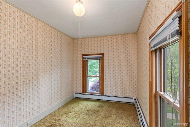 91 Dennison St, Oxford, MI 48371 - unfurnished room featuring wallpapered walls, carpet flooring, ornamental molding, and a baseboard radiator