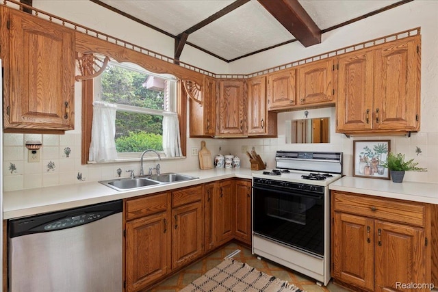91 Dennison St, Oxford, MI 48371 - kitchen with stainless steel dishwasher, range, a sink, and decorative backsplash