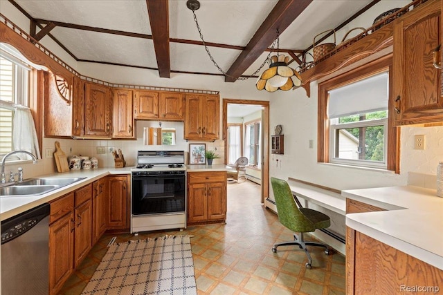 91 Dennison St, Oxford, MI 48371 - kitchen with white range with gas cooktop, stainless steel dishwasher, a sink, light floors, and light countertops