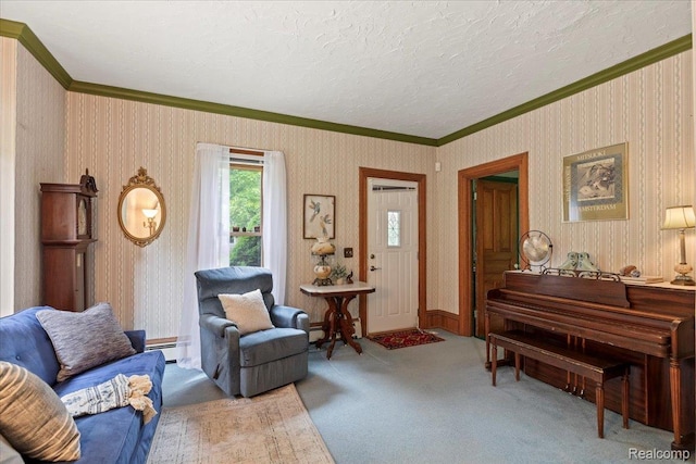 91 Dennison St, Oxford, MI 48371 - carpeted living room with ornamental molding, a textured ceiling, a baseboard heating unit, and baseboard heating