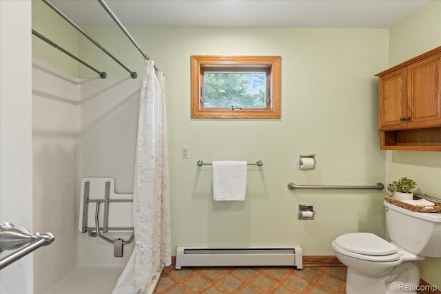91 Dennison St, Oxford, MI 48371 - bathroom with a baseboard heating unit, toilet, a shower with curtain, and baseboards