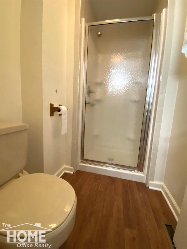 2437 S State Rd, Corunna, MI 48817 - full bath with wood finished floors, toilet, a shower stall, and baseboards