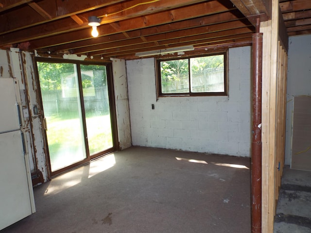 407 Doty St, Leslie, MI 49251 - below grade area featuring freestanding refrigerator, plenty of natural light, and concrete block wall