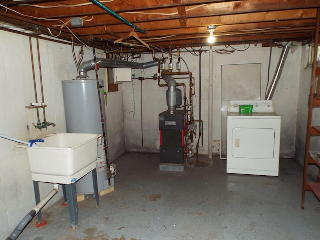 407 Doty St, Leslie, MI 49251 - unfinished basement with washer / clothes dryer, water heater, and a heating unit