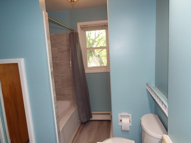 407 Doty St, Leslie, MI 49251 - full bath with a baseboard heating unit, toilet, shower / bathtub combination with curtain, and wood finished floors