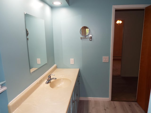 407 Doty St, Leslie, MI 49251 - bathroom with vanity, wood finished floors, and baseboards
