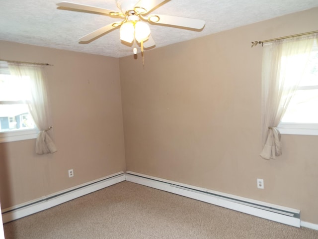 407 Doty St, Leslie, MI 49251 - unfurnished room featuring carpet floors, ceiling fan, a textured ceiling, and a baseboard radiator