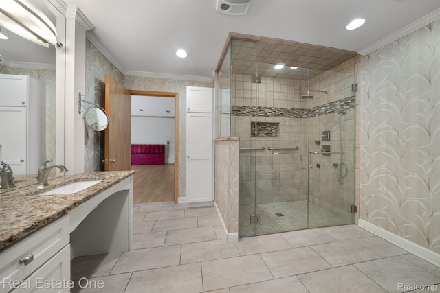 4017 Hidden Woods, Bloomfield Hills, MI 48301 - full bath featuring ornamental molding, vanity, a shower stall, wallpapered walls, and baseboards