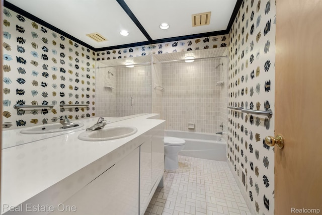 4017 Hidden Woods, Bloomfield Hills, MI 48301 - bathroom featuring toilet, crown molding, vanity, shower / tub combination, and recessed lighting