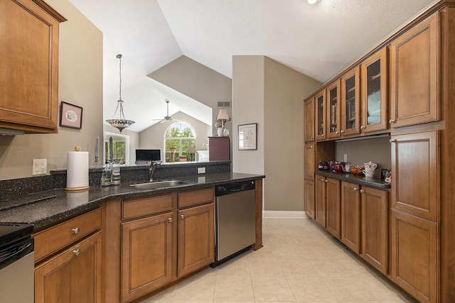 933 Bridge Crest Dr SE, Ada, MI 49301 - kitchen featuring stainless steel dishwasher, lofted ceiling, a sink, and brown cabinetry