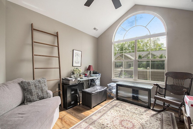 933 Bridge Crest Dr SE, Ada, MI 49301 - office featuring light wood-type flooring, vaulted ceiling, and a ceiling fan
