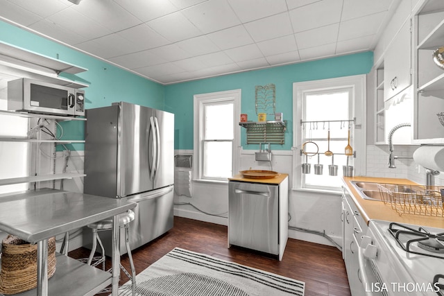 1000 Garfield Ave NW, Grand Rapids, MI 49504 - kitchen featuring appliances with stainless steel finishes, a sink, dark wood finished floors, open shelves, and backsplash