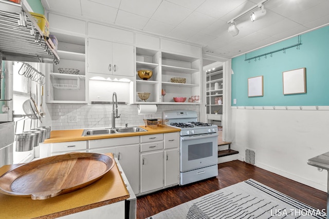 1000 Garfield Ave NW, Grand Rapids, MI 49504 - kitchen featuring open shelves, white range with gas cooktop, a sink, track lighting, and dark wood finished floors