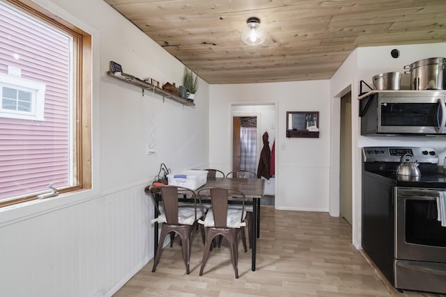 513 1st St, Manistee, MI 49660 - dining area featuring light wood finished floors, a wainscoted wall, and wood ceiling