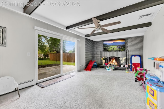 11030 Olive St, Warren, MI 48093 - recreation room featuring carpet flooring, beam ceiling, ceiling fan, and a fireplace